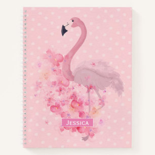 Pink Watercolor Flamingo Floral and Dots Named Notebook