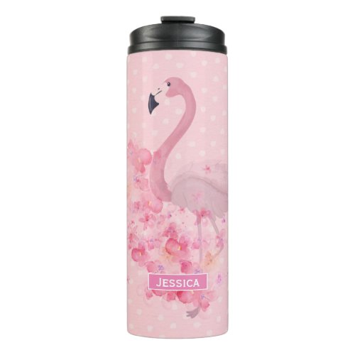 Pink Watercolor Flamingo Floral and Dots Named Thermal Tumbler