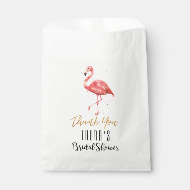 Pink Watercolor Flamingo Gold | Bridal Shower Favor Bag (Front)