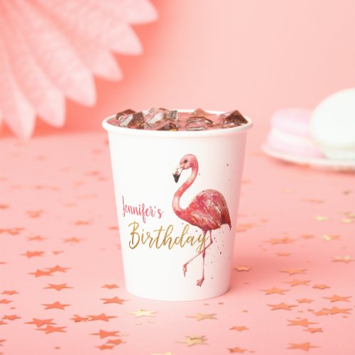 Pink Watercolor Flamingo Gold Glitter Birthday Paper Cups