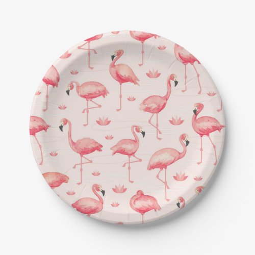 Pink Watercolor Flamingo Pattern Paper Plates