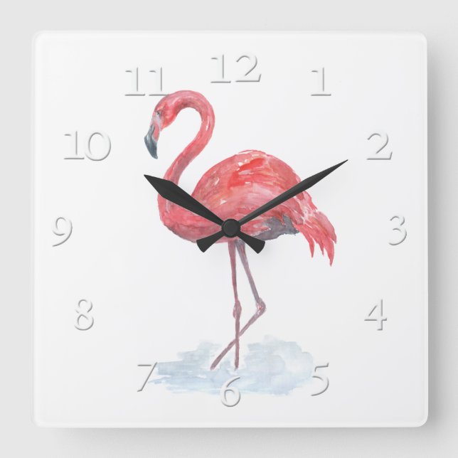 Pink watercolor Flamingo . Square Wall Clock (Front)
