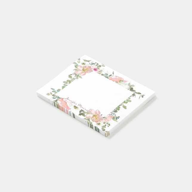 Pink watercolor flora personalized post-it notes (Angled)