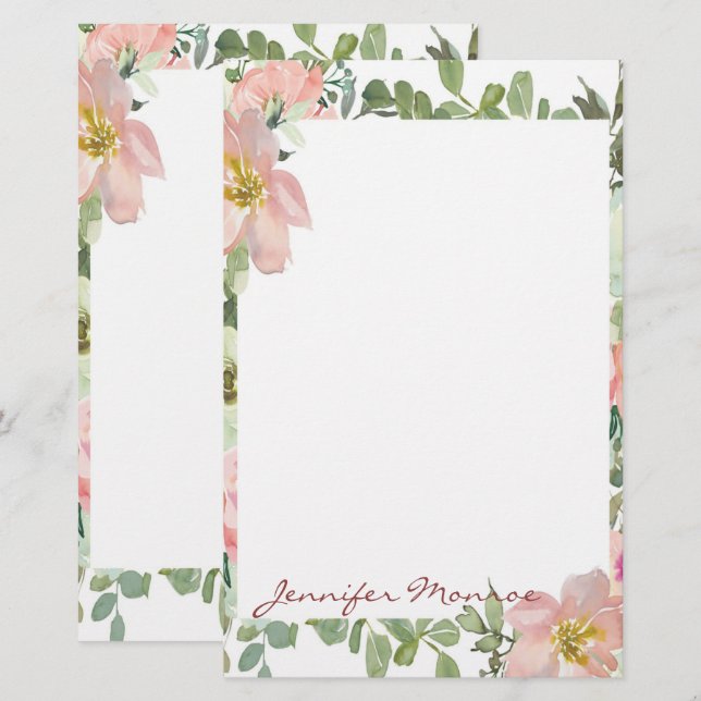 Pink watercolor flora personalized stationery (Front/Back)