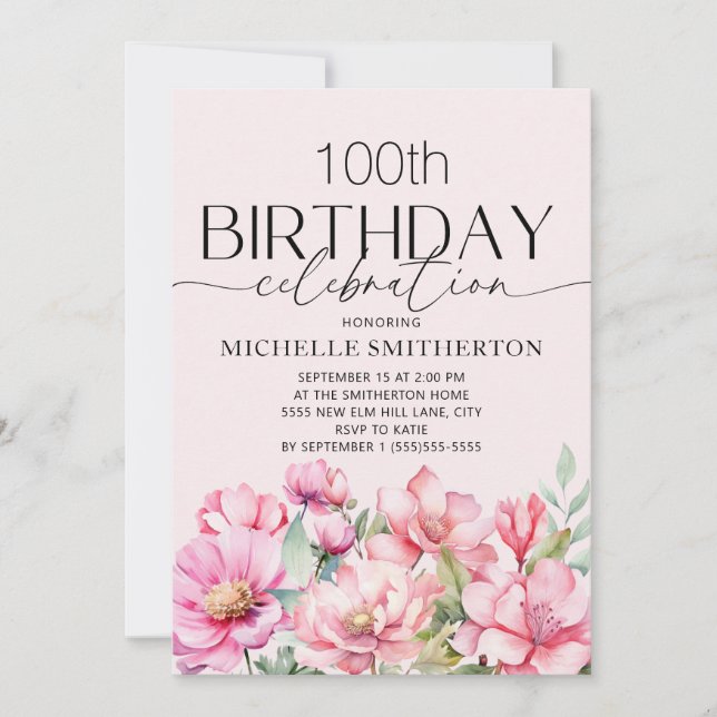 Pink Watercolor Floral 100th Birthday Invitation (Front)