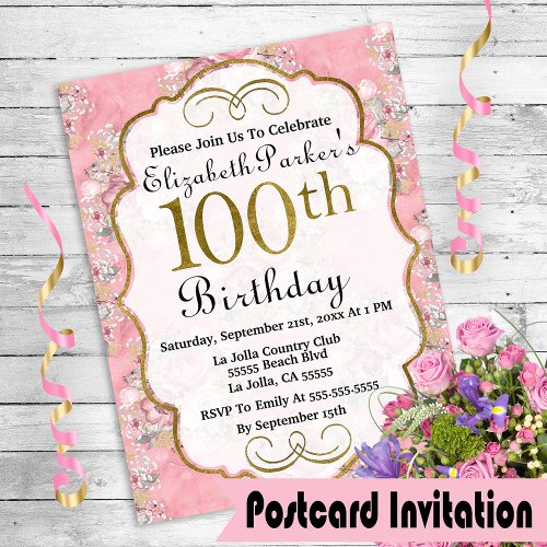 Pink Watercolor Floral 100th Birthday Invitation Postcard