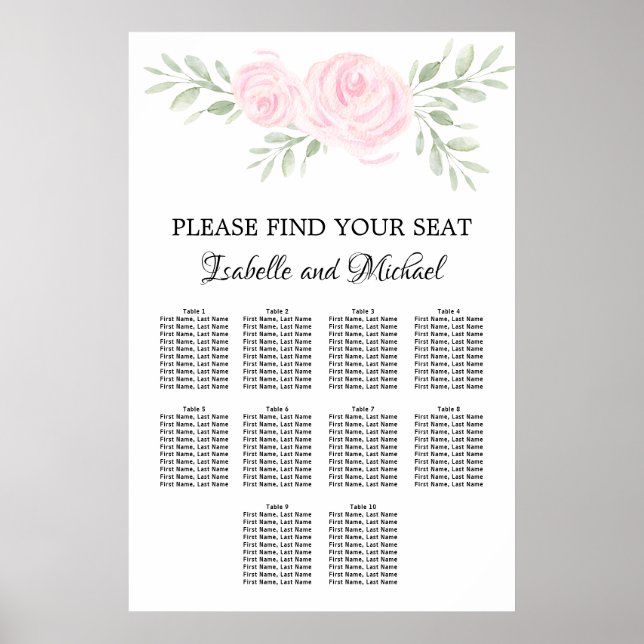 Pink Watercolor Floral 10-Table Seating Chart (Front)