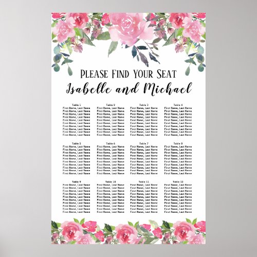 Pink Watercolor Floral 12_Table Seating Chart