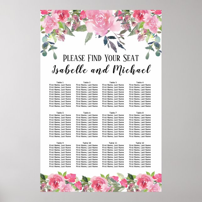 Pink Watercolor Floral 12-Table Seating Chart (Front)