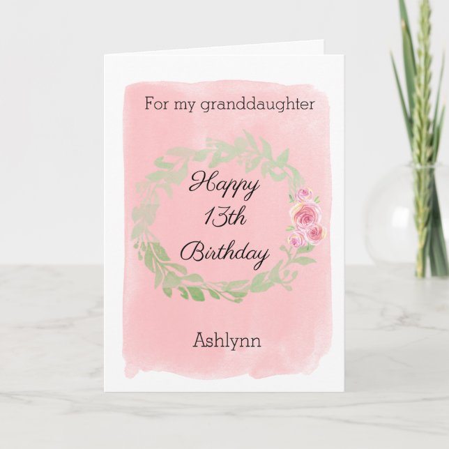 Pink Watercolor Floral 13th Birthday Card (Front)