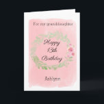 Pink Watercolor Floral 13th Birthday Card<br><div class="desc">Pretty watercolors 13th birthday granddaughter card, which you can easily personalize with her age and name. Featuring watercolor laurel and flowers against a pink watercolor. The inside birthday message can be personalized. The back also features the same pretty green leaves laurel on front with pink flowers and has a happy...</div>