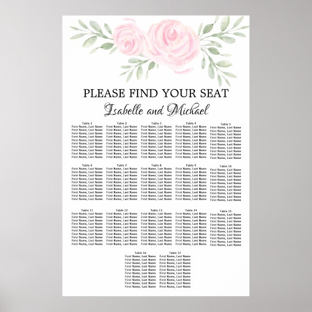 Pink Watercolor Floral 17-Table Seating Chart (Front)
