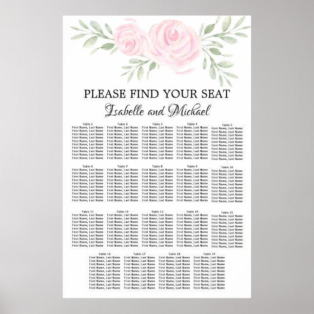 Pink Watercolor Floral 19-Table Seating Chart (Front)
