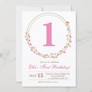 Pink Watercolor Floral 1st Birthday Invitations by ThreeFoursDesign at Zazzle