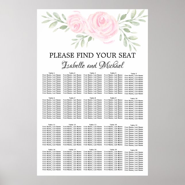 Pink Watercolor Floral 20-Table Seating Chart (Front)