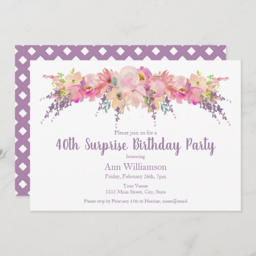 Pink Watercolor Floral 40th Surprise Birthday Invitation