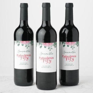 Pink Watercolor Floral 50th Birthday Party Favor Wine Label