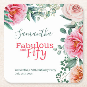Pink Watercolor Floral 50th Birthday Party Square Paper Coaster