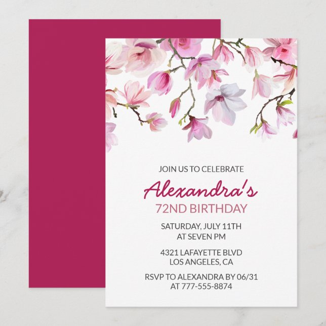 Pink Watercolor Floral 72nd birthday invitation  (Front/Back)