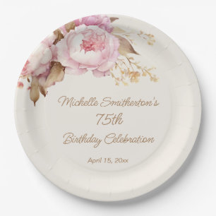 Pink Watercolor Floral 75th Birthday Paper Plates