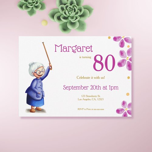 Pink Watercolor Floral 80th Birthday Grandmother Invitation