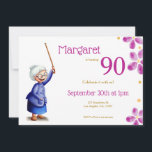 Pink Watercolor Floral 90th Birthday Grandmother Invitation<br><div class="desc">This fun birthday invitation features an adorable old lady with a cane,  surrounded by beautiful pink watercolor flowers. It's perfect for a birthday party or any other special event!  Illustrated and designed by Patricia Alvarez.</div>