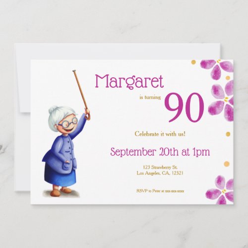 Pink Watercolor Floral 90th Birthday Grandmother Invitation