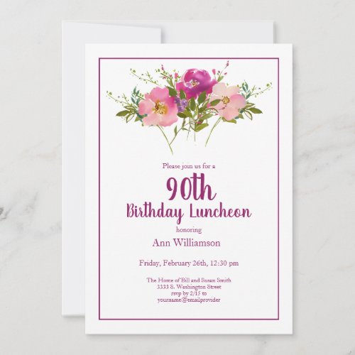 Pink Watercolor Floral 90th Birthday
