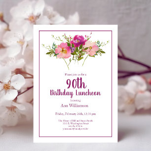 Pink Watercolor Floral 90th Birthday Invitation