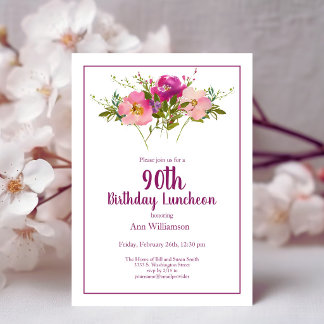 Pink Watercolor Floral 90th Birthday Invitation