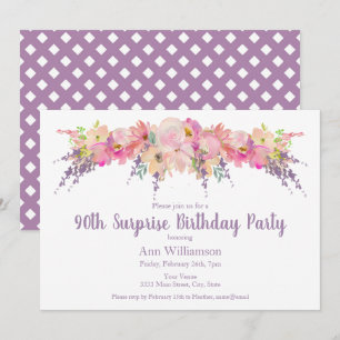 Pink Watercolor Floral 90th Surprise Birthday Invitation
