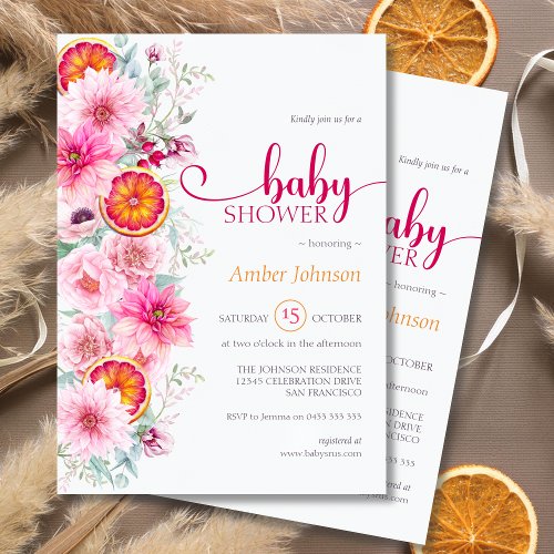 Pink Watercolor Floral and Citrus Baby Shower  Invitation