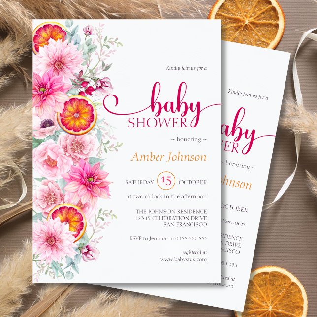 Pink Watercolor Floral and Citrus Baby Shower  Invitation (Pink watercolor flowers and citrus baby shower invitation, baby girl, pink peonies, pink dahlias)
