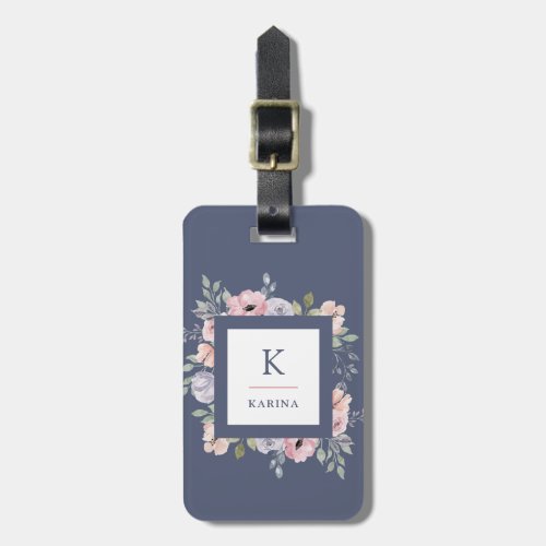 Pink Watercolor Floral and Monogram on Dark Blue Luggage Tag