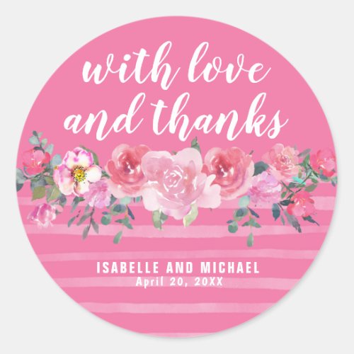 Pink Watercolor Floral and Stripes Wedding Classic Round Sticker