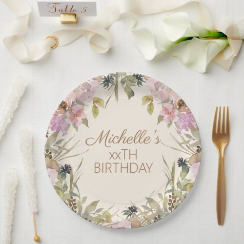 Pink Watercolor Floral Any Age Birthday  Paper Plates