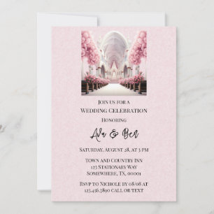 Pink Watercolor Floral Arch Church Wedding Invitation