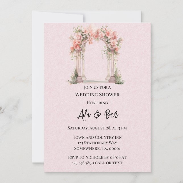 Pink Watercolor Floral Arch Church Wedding Shower Invitation (Front)