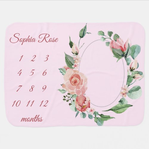 Pink Watercolor Floral Baby Girl Milestone Baby Blanket