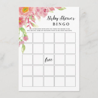 Pink Watercolor Floral Baby Shower Bingo Game Card