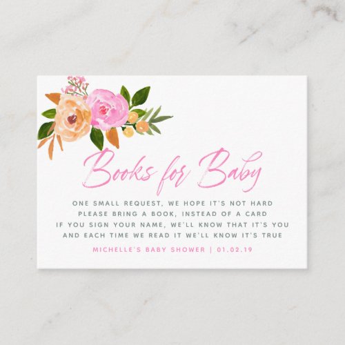 Pink watercolor floral Baby Shower Book Request Enclosure Card