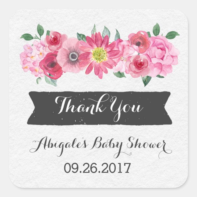 Pink Watercolor Floral Baby Shower Favor Sticker (Front)