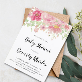 Pink Watercolor Floral Baby Shower Invitation by lilanab2 at Zazzle