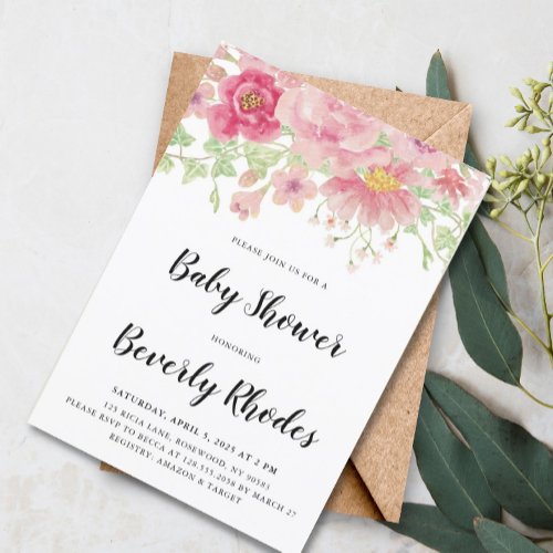 Pink Watercolor Floral Baby Shower Invitation
