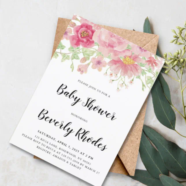 Pink Watercolor Floral Baby Shower Invitation | Zazzle