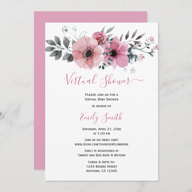 Pink Watercolor Floral Baby Shower Invitation (Front/Back)