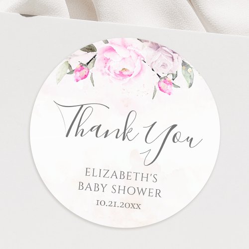 Pink Watercolor Floral Baby Shower Thank You Classic Round Sticker