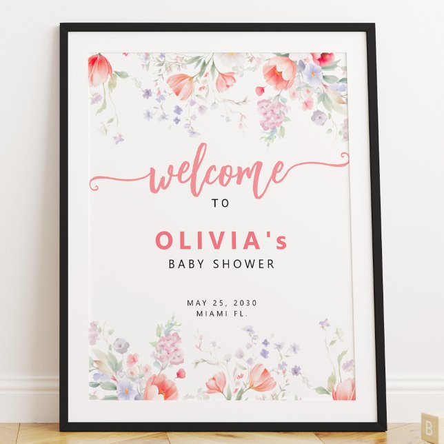 Pink watercolor floral baby shower welcome sign (Creator Uploaded)
