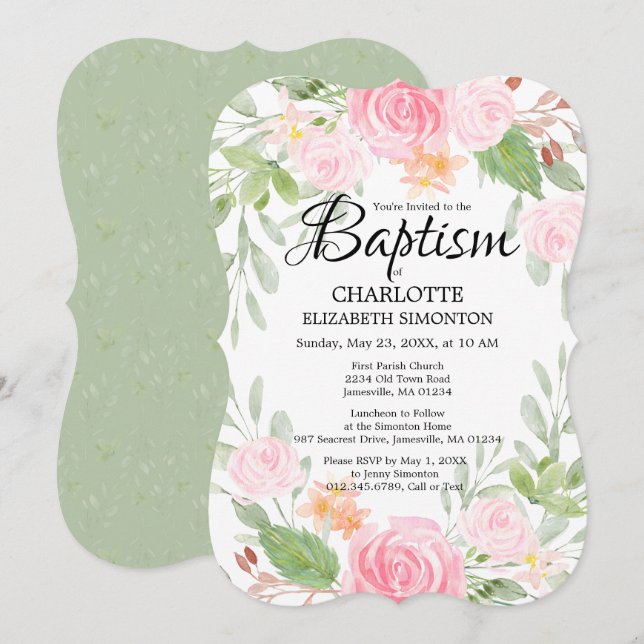 Pink Watercolor Floral Baptism Invitations (Front/Back)
