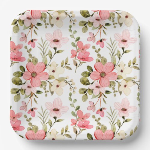 Pink Watercolor Floral Birthday Party Shower Paper Plates